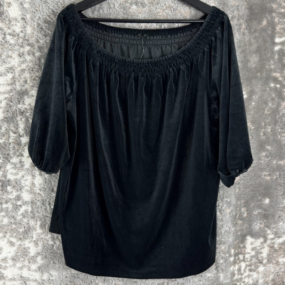 NEW J Jill Size XL Black Velvet Boat Neck Stretch Top Black 3/4 Sleeve Pullover